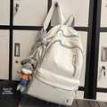 Minimalist white high capacity backpack for women with gray straps and plush charm - Grey With Pendant