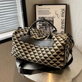 Large capacity canvas tote bag with black and beige geometric triangle woven patterns - Large Khaki
