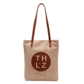 Beige faux suede large tote bag with dark brown leather straps and central logo - Khaki