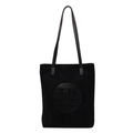Large black matte tote bag featuring vintage suede texture and TH L'Z embossed logo - Black