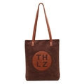 Dark brown suede tote bag with vintage matte finish and embossed leather logo patch - Brown