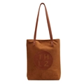 Brown frosted suede large capacity tote bag with circular leather patch and top handles - Brown