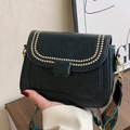 Black vintage square crossbody bag with gold studs and bohemian wide strap - Black
