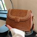 Caramel brown vintage PU leather crossbody bag with bohemian printed wide strap - Brown