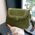 Olive green vintage crossbody bag with crackle texture and studded flap details - Green