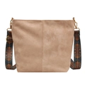 Retro beige matte leather tote bag with a wide colorful ethnic shoulder strap for women - Khaki