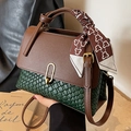 Retro contrast small square bag in green woven texture and brown leather details - Coffee and Green