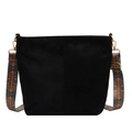 Black vintage matte tote bag with colorful ethnic patterned wide shoulder strap - Black