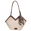 Beige gewatteerde tote bag met bruine bies en decoratieve zijden sjaal aan hengsel - Wit & Koffie