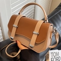Brown and beige patchwork satchel bag with silver hardware and wide shoulder strap - Brown and Khaki