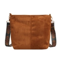 Caramel brown frosted tote bag featuring a vintage bohemian wide patterned shoulder strap - Brown