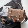 Tan leather crossbody bag with wave-edge flap and wide herringbone strap for women - Khaki