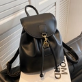 Women's black matte leather backpack with golden hook and drawstring closure - Black