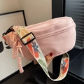 Pink canvas crossbody waist bag with colorful embroidered jacquard wide strap - Pink