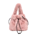 Pink plush faux fur bucket bag with drawstring closure and leather shoulder strap - Pink