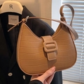 Brown crocodile-embossed leather underarm bag with vintage half-moon shape and buckle - Brown