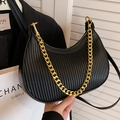 Fashionable black pleated crescent shoulder bag with a bold gold chain handle - L Black