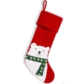 Classic red Christmas stocking with cute polar bear plush patch and green pom-pom scarf - Bear