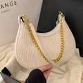 Chic pleated off-white hobo bag with a gold chain strap and smooth faux leather finish - Large White