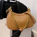 Caramel brown crescent shoulder bag with pleated leather and chunky gold chain strap - Large Size Brown