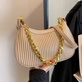 Sac boulette plissé beige chic avec chaîne dorée et bandoulière réglable pour femme - Grand Kaki