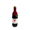 Knitted snowman wine bottle cover with red striped hat and holly for Christmas decor - Snowman