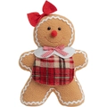 Gingerbread man plush toy with red bow and plaid vest for Christmas decor - Female Gingerbread Man