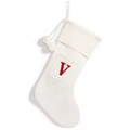 White knitted Christmas stocking with letter V embroidery and decorative pompoms - White Letter V