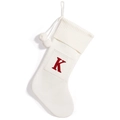 Cream knit Christmas stocking with waffle texture and personalized red letter K - White Letter K