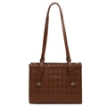 Brown quilted leather tote bag with gold lettering and adjustable shoulder strap - Coffee