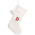 Ivory knitted Christmas stocking featuring a red embroidered letter D and plush pom-poms - White Letter D