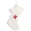 Knitted Christmas stocking in cream white with a red embroidered letter M and pom poms - White Letter M