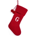 Red Christmas knit stocking with white letter G embroidery and cute hanging pom-poms - Red Letter G