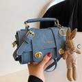 Retro misty blue faux leather crossbody bag with gold lock and cute rabbit charm - Deep Blue (With Pendant)