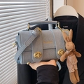 Light blue faux leather square handbag with golden hardware and cute bunny charm - Light Blue (With Pendant)