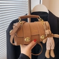 Brown cross-textured square handbag with golden hardware and cute bunny charm - Brown with Pendant