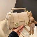 Chic beige mini square bag with golden hardware and cute bunny charm accessory - Khaki With Pendant