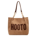 Braune Schultertasche aus Cord mit HOOTO Lederaufschrift und Tragekette aus Metall - Braun