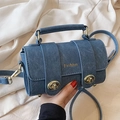 Dark blue textured crossbody bag with golden Fashion logo and metal twist locks - Deep Blue (No Pendant)