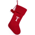 Classic red knitted Christmas stocking with white letter T patch and cute pom poms - Red Letter T