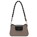 Bolso de pata de gallo con solapa de cuero negro y correa de hombro trenzada - Negro