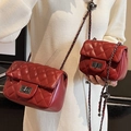 Quilted dark red leather crossbody bag set with metal chain strap and turn-lock - Large / Burgundy
