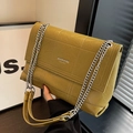 Olive green quilted leather shoulder bag with large chain strap and metal logo - Green