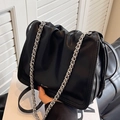 Black pleated bucket bag with silver chain strap and leather finish for women - Black