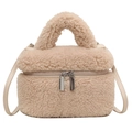 Sac seau en laine d'agneau pelucheuse abricot avec poignée et bandoulière en cuir - Khaki Clair