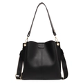 Black vegan leather bucket bag with decorative stitching and wide contrast strap - Black