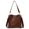 Dark brown matte bucket bag with wide fabric strap and golden hardware details - Brown