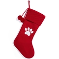 Red knitted Christmas stocking with white paw pattern and plush balls for pets - Red Claw