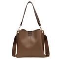 Brown leather bucket bag with detachable wide fabric strap and slim handle - Khaki