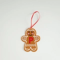 Gingerbread man felt ornament with red embroidered letter P and red silk ribbon - Letter P(ML-O1455/P)